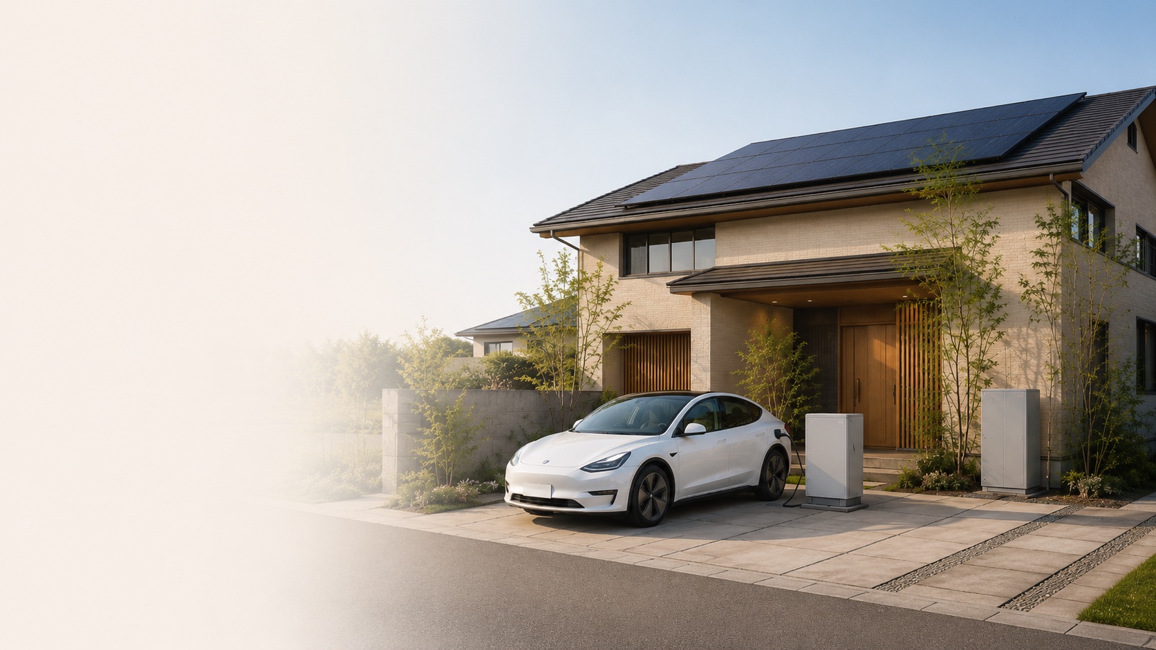 太陽光パネル・V2H・蓄電池を備えた和モダン住宅と、電気自動車
